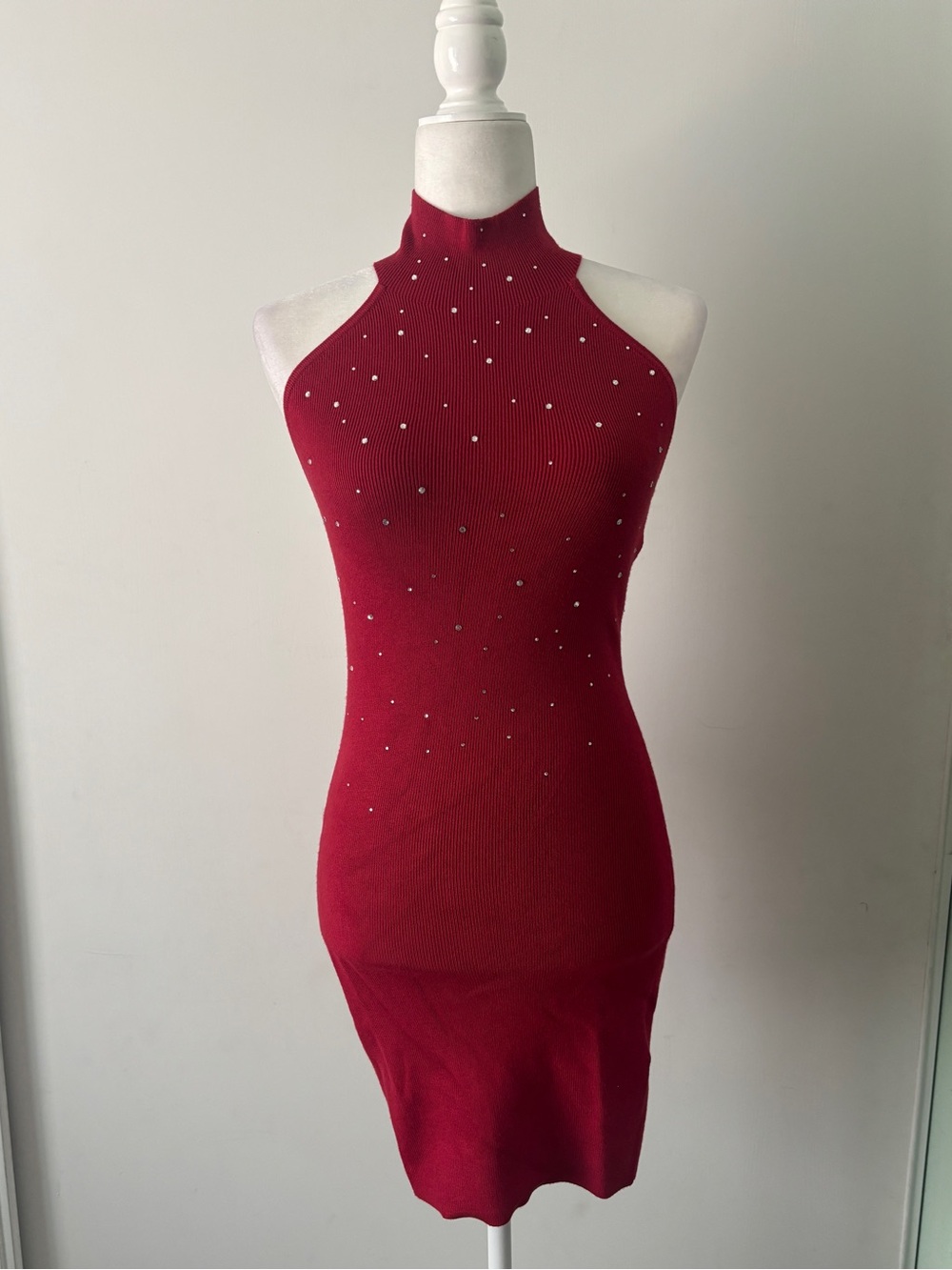 GUESS Red Halter Neck Bodycon Dress with Stud Accents